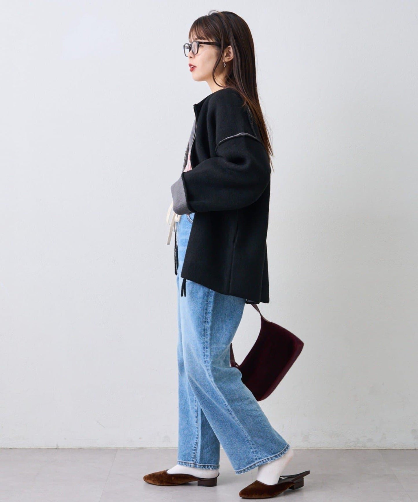 雙拉鍊拼色仿犛牛絨針織夾克