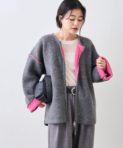 雙拉鍊拼色仿犛牛絨針織夾克