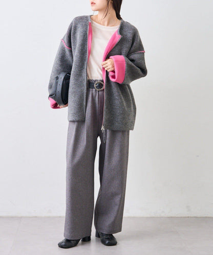 雙拉鍊拼色仿犛牛絨針織夾克