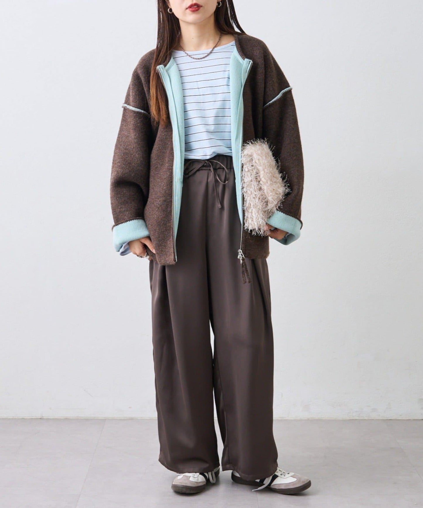 雙拉鍊拼色仿犛牛絨針織夾克