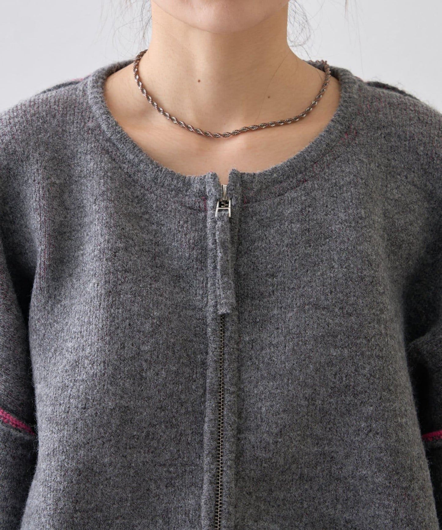 雙拉鍊拼色仿犛牛絨針織夾克