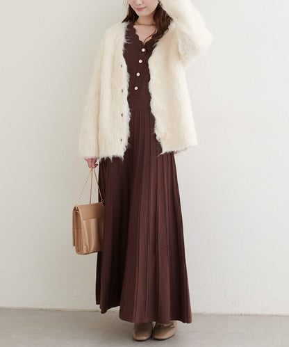 荷葉邊褶皺針織連衣裙