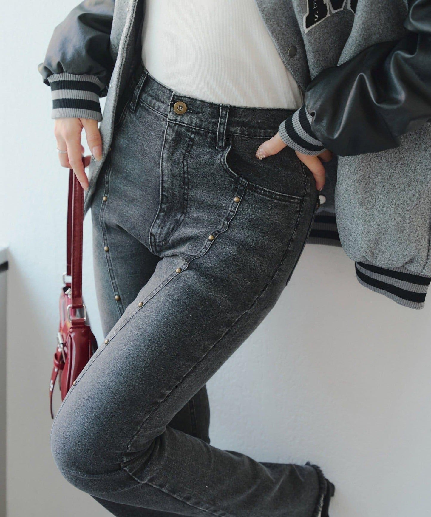 【2尺碼可選】鉚釘微喇牛仔褲