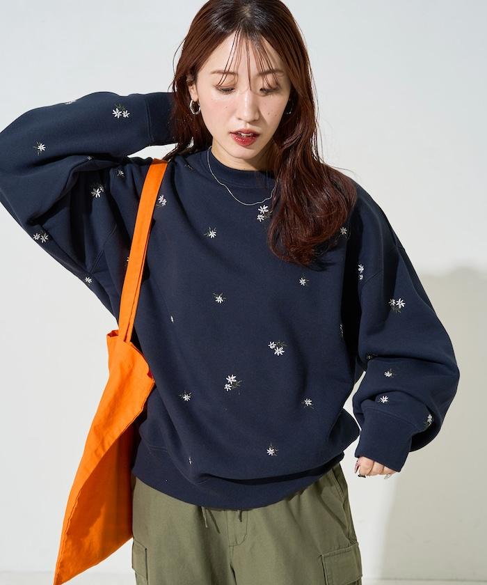 小花刺繡加絨衛衣套頭衫