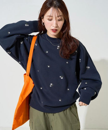 小花刺繡加絨衛衣套頭衫