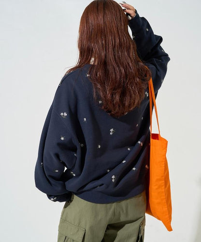 小花刺繡加絨衛衣套頭衫