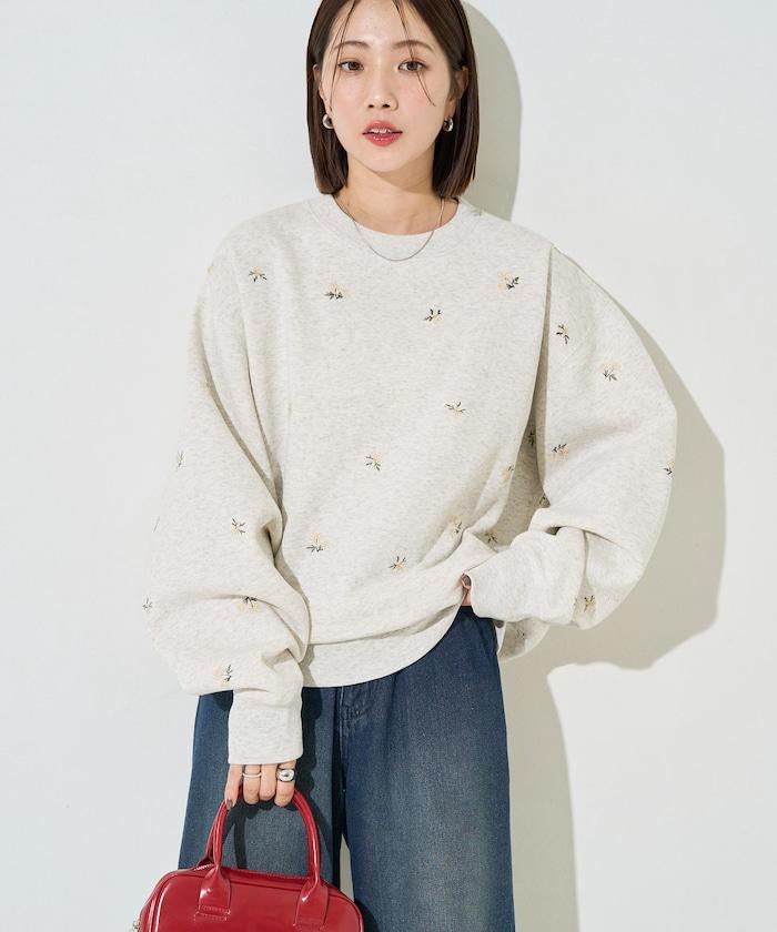 小花刺繡加絨衛衣套頭衫