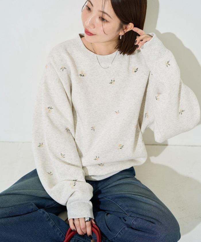 小花刺繡加絨衛衣套頭衫