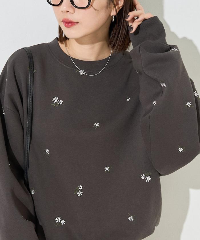 小花刺繡加絨衛衣套頭衫