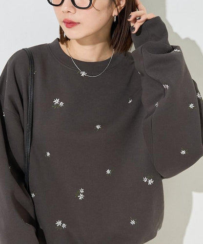 小花刺繡加絨衛衣套頭衫