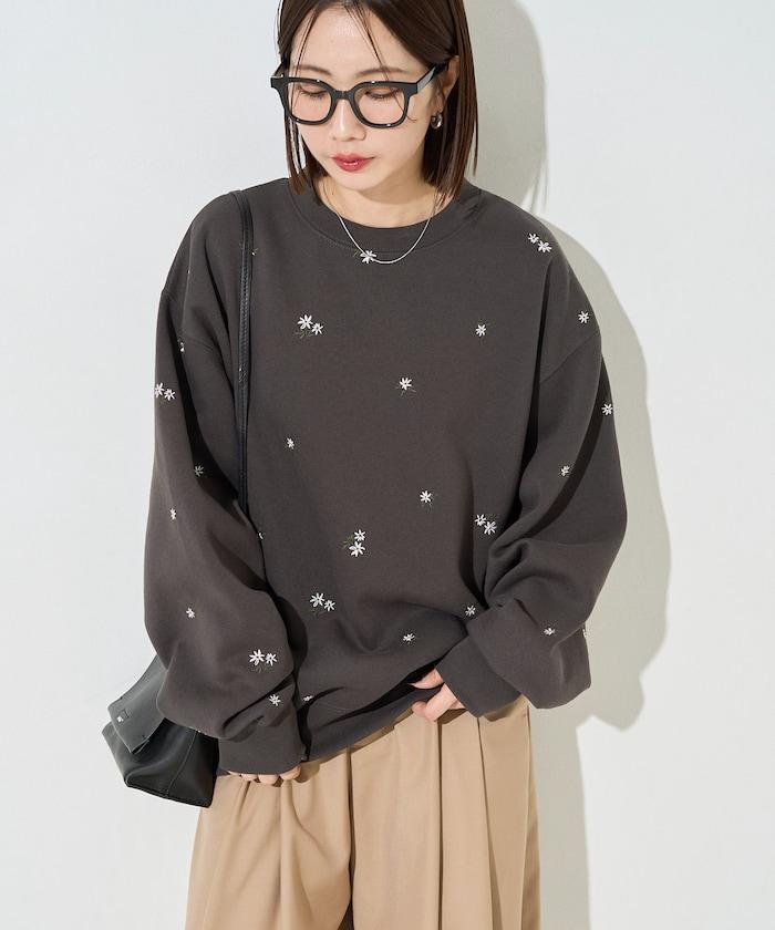 小花刺繡加絨衛衣套頭衫