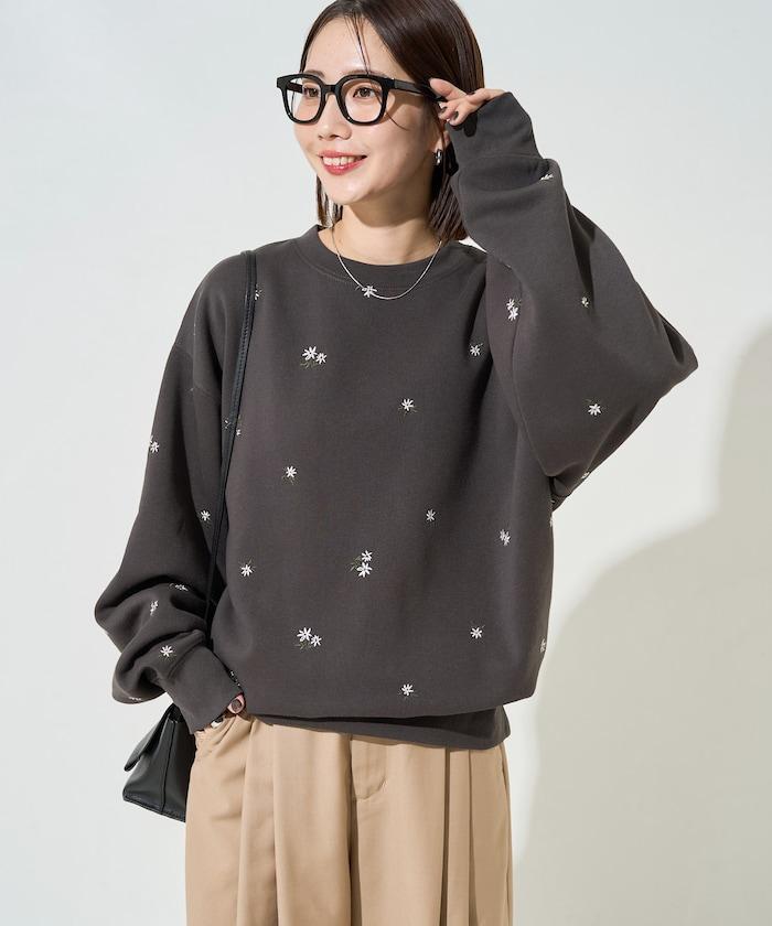 小花刺繡加絨衛衣套頭衫