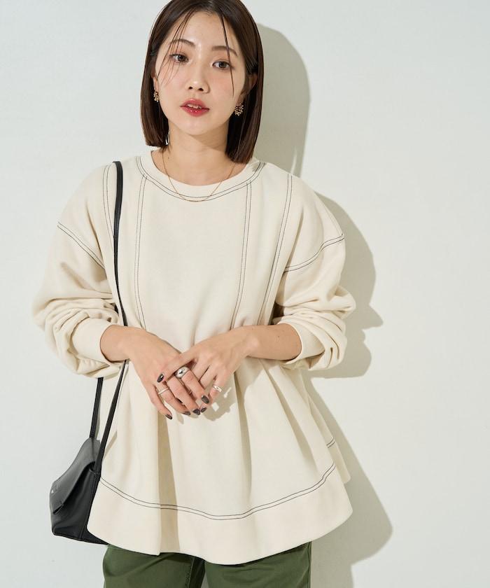配色 ステッチ タック Aライン 裏起毛 チュニック【限定展開】
