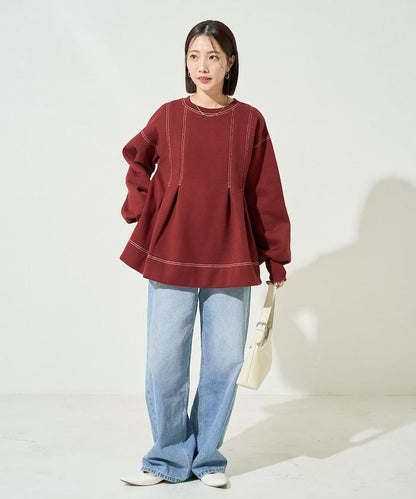 配色 ステッチ タック Aライン 裏起毛 チュニック【限定展開】