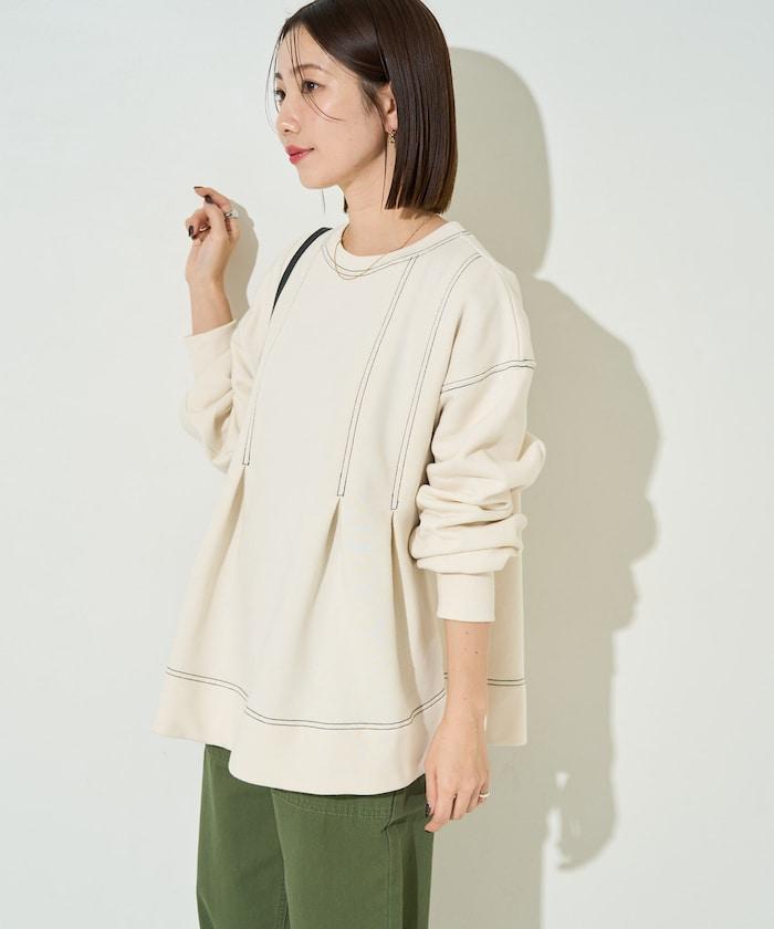 配色 ステッチ タック Aライン 裏起毛 チュニック【限定展開】