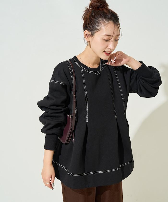 配色 ステッチ タック Aライン 裏起毛 チュニック【限定展開】