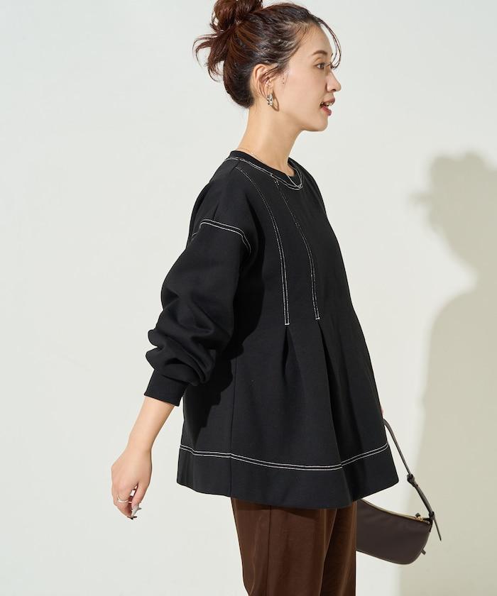 配色 ステッチ タック Aライン 裏起毛 チュニック【限定展開】