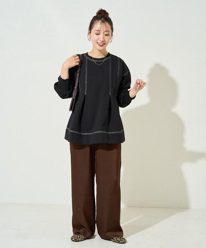 配色 ステッチ タック Aライン 裏起毛 チュニック【限定展開】