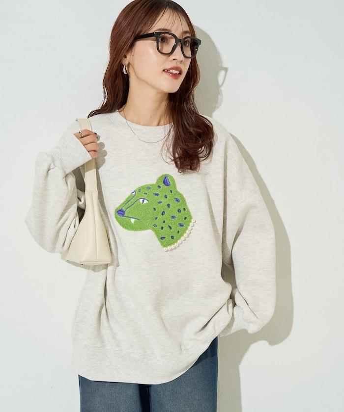 豹紋毛圈繡珍珠加絨衛衣