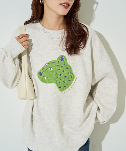 豹紋毛圈繡珍珠加絨衛衣