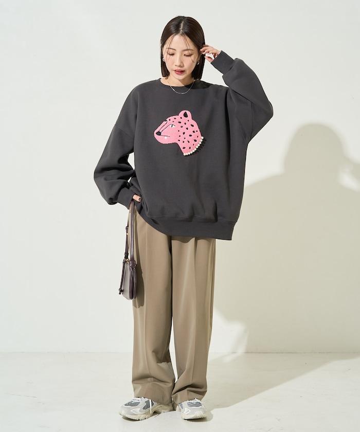 豹紋毛圈繡珍珠加絨衛衣