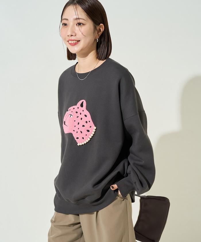 豹紋毛圈繡珍珠加絨衛衣