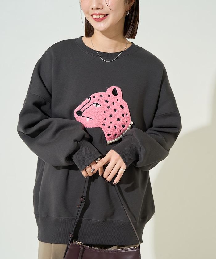 豹紋毛圈繡珍珠加絨衛衣