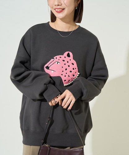 豹紋毛圈繡珍珠加絨衛衣