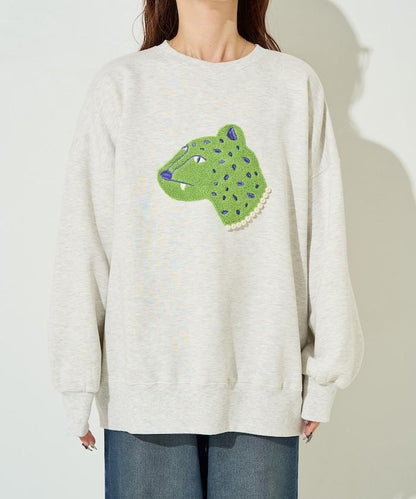 豹紋毛圈繡珍珠加絨衛衣