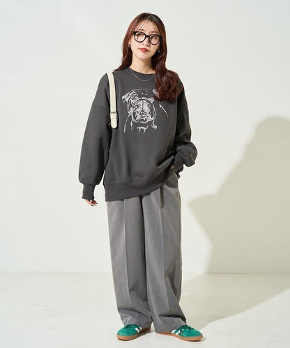 鬥牛犬亮片刺繡加絨寬鬆衛衣