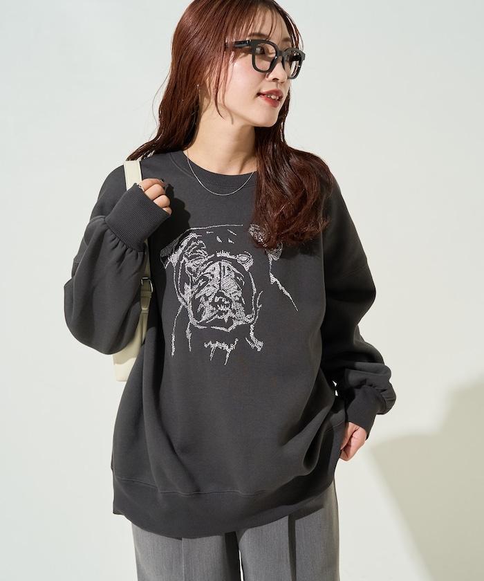 鬥牛犬亮片刺繡加絨寬鬆衛衣