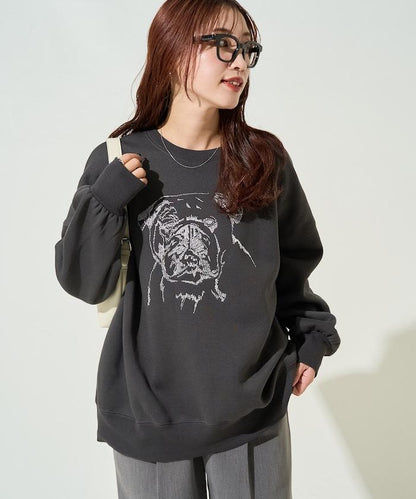 鬥牛犬亮片刺繡加絨寬鬆衛衣