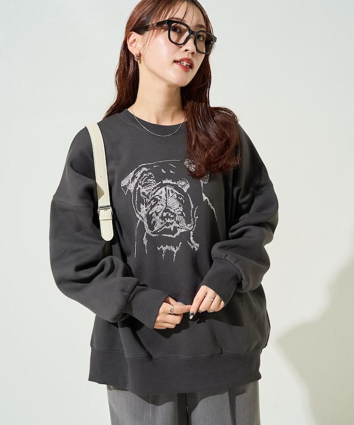 鬥牛犬亮片刺繡加絨寬鬆衛衣