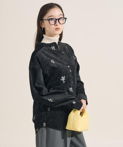 仿天鵝絨平紋燈芯絨小花圖案襯衫＜可搭配套裝＞