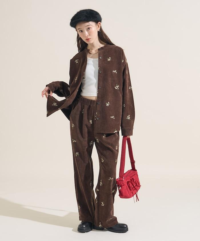 仿天鵝絨平紋燈芯絨小花圖案休閒褲＜可搭配套裝＞