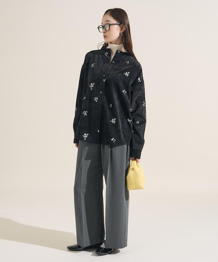 仿天鵝絨平紋燈芯絨小花圖案襯衫＜可搭配套裝＞