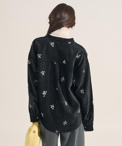 仿天鵝絨平紋燈芯絨小花圖案襯衫＜可搭配套裝＞