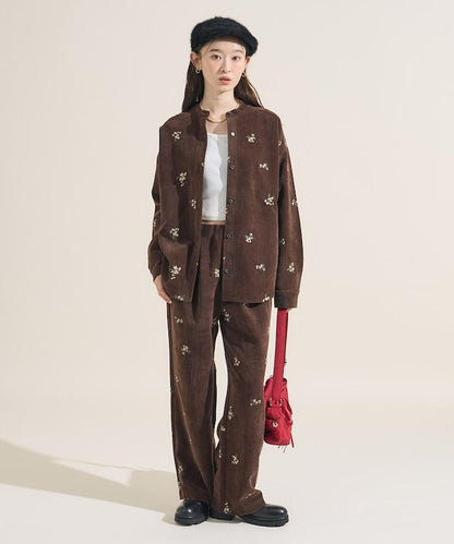 仿天鵝絨平紋燈芯絨小花圖案襯衫＜可搭配套裝＞