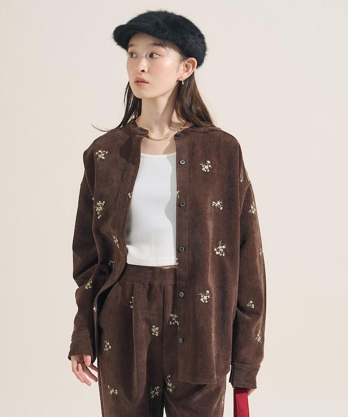 仿天鵝絨平紋燈芯絨小花圖案襯衫＜可搭配套裝＞