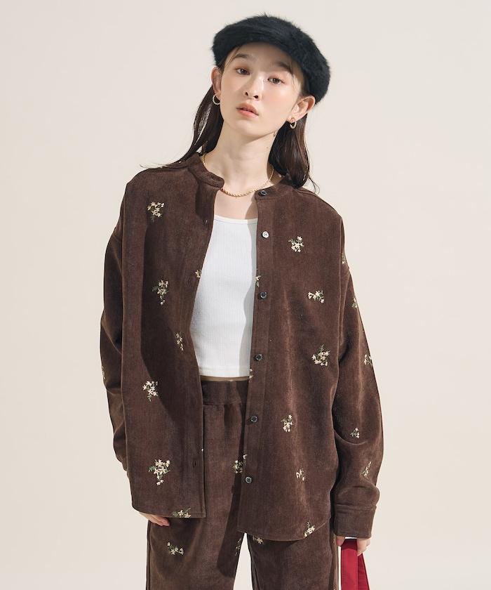 仿天鵝絨平紋燈芯絨小花圖案襯衫＜可搭配套裝＞