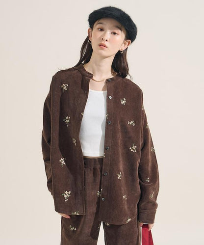 仿天鵝絨平紋燈芯絨小花圖案襯衫＜可搭配套裝＞