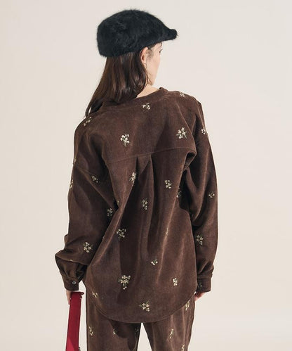 仿天鵝絨平紋燈芯絨小花圖案襯衫＜可搭配套裝＞