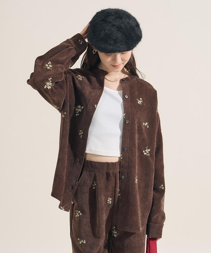 仿天鵝絨平紋燈芯絨小花圖案襯衫＜可搭配套裝＞