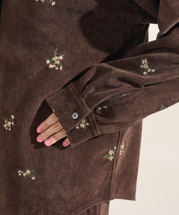 仿天鵝絨平紋燈芯絨小花圖案襯衫＜可搭配套裝＞