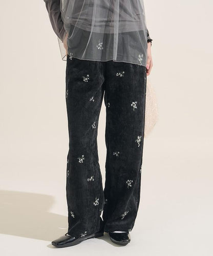 仿天鵝絨平紋燈芯絨小花圖案休閒褲＜可搭配套裝＞