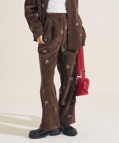 仿天鵝絨平紋燈芯絨小花圖案休閒褲＜可搭配套裝＞