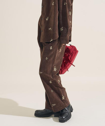 仿天鵝絨平紋燈芯絨小花圖案休閒褲＜可搭配套裝＞