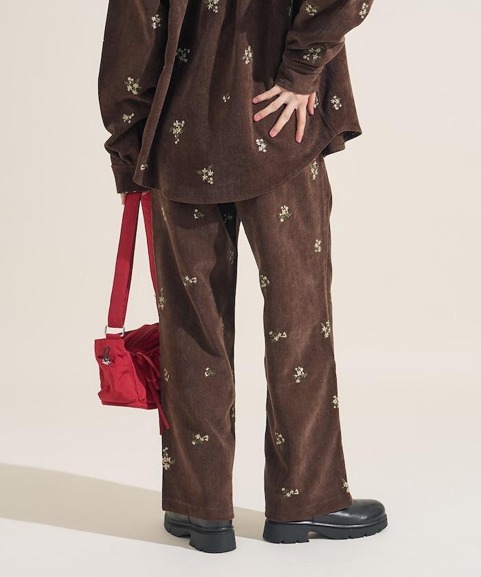 仿天鵝絨平紋燈芯絨小花圖案休閒褲＜可搭配套裝＞