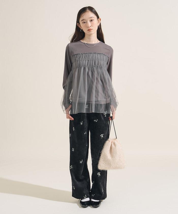 仿天鵝絨平紋燈芯絨小花圖案休閒褲＜可搭配套裝＞