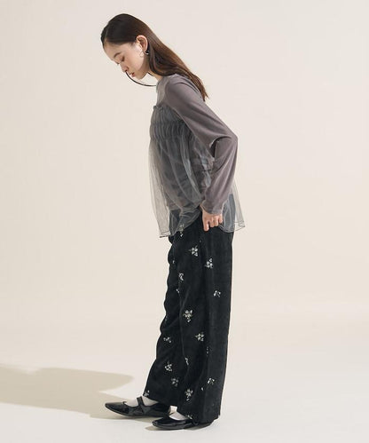 仿天鵝絨平紋燈芯絨小花圖案休閒褲＜可搭配套裝＞